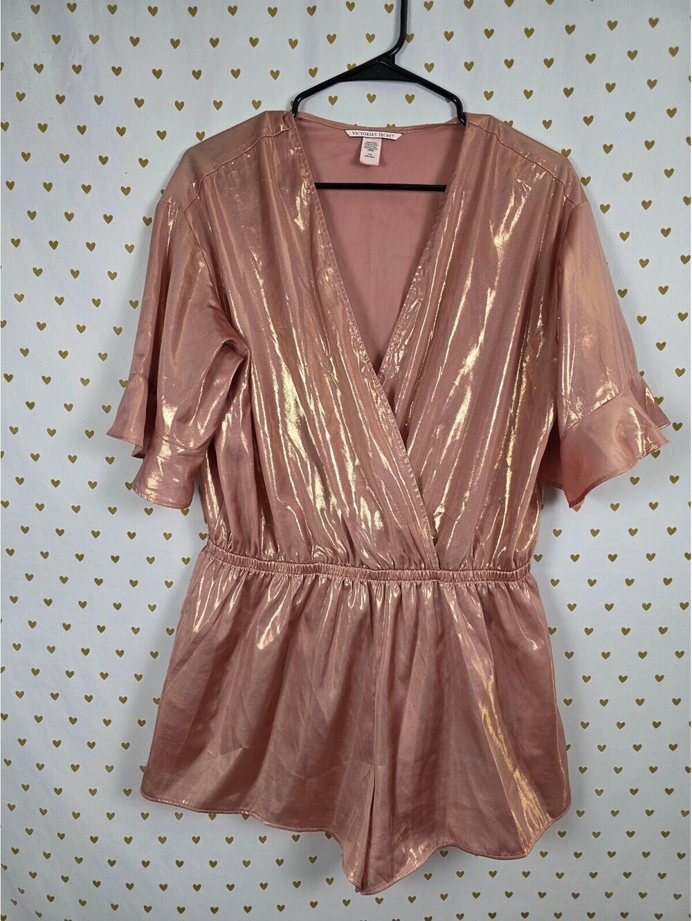 Victoria's Secret Rose Gold Metallic Wrap Romper Flutter Sleeve L